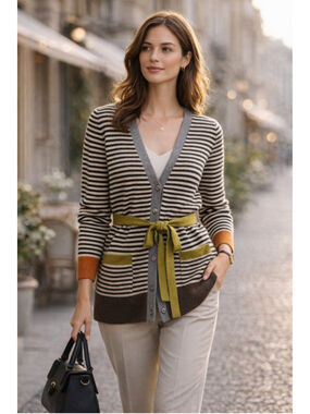 Olive & Orange Orla Kiely Cardigan Women's 6 US Lambswool Belted Striped Preppy